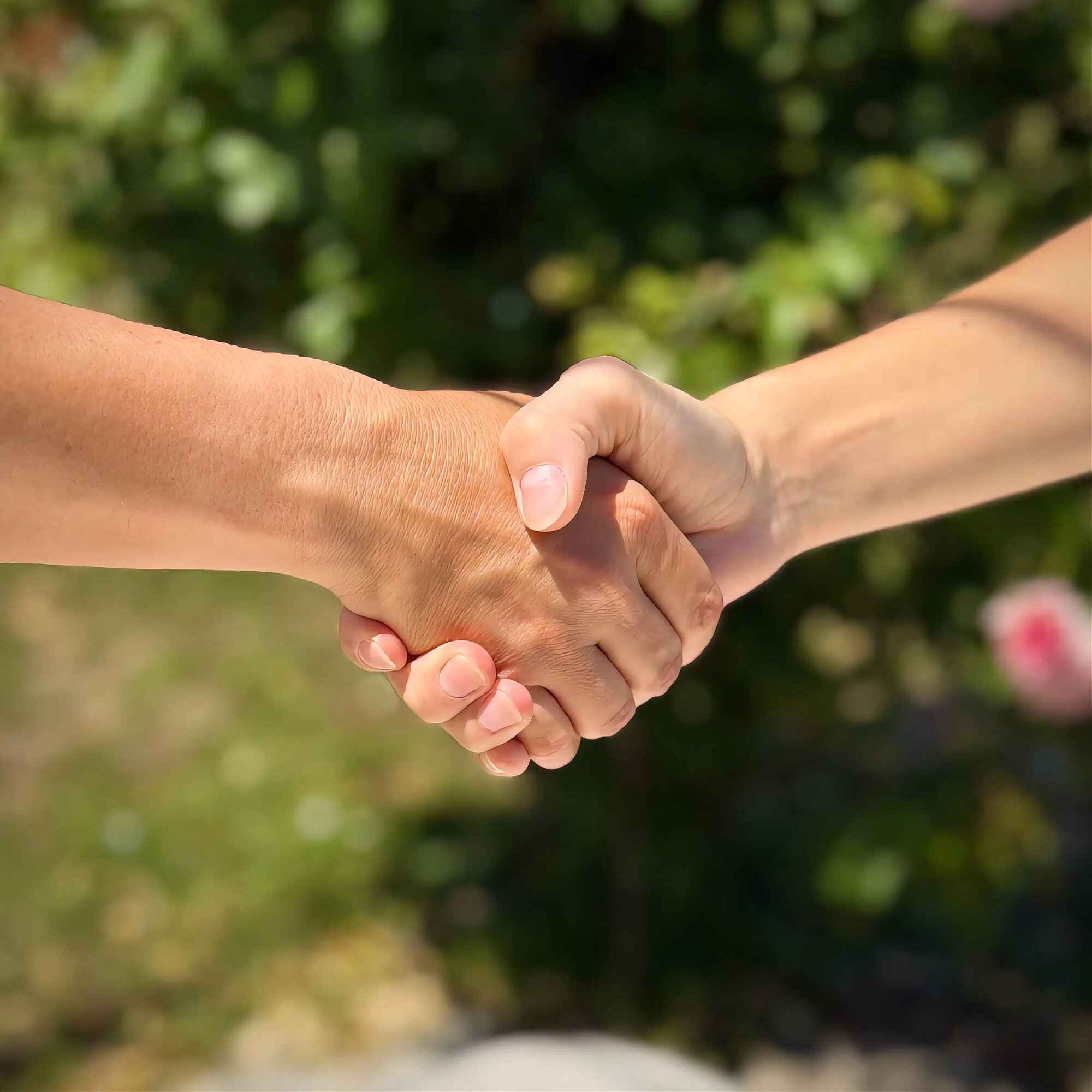 La stretta di mano tra Silvia e una cliente nel giardino